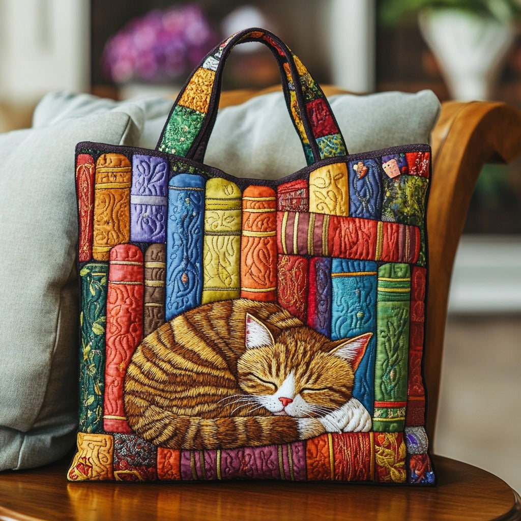 Vintage Library Cat Quilted Tote Bag