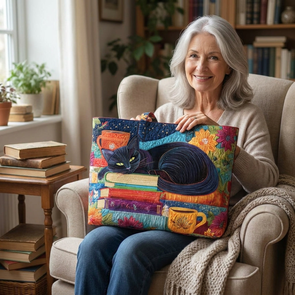 Artisan Bag - Black Cat with Books and Mugs