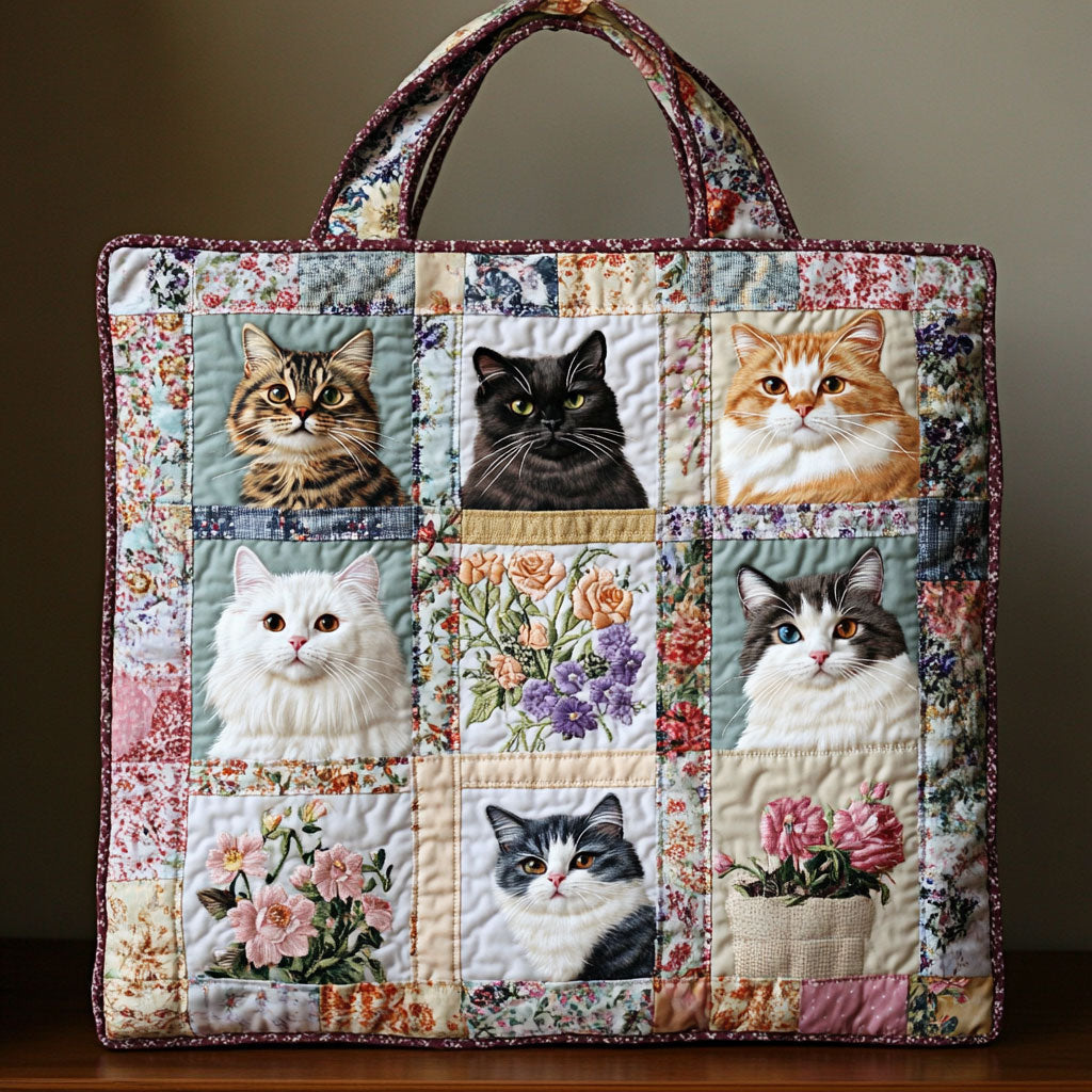 Cozy Flower Cat Quilted Tote Bag