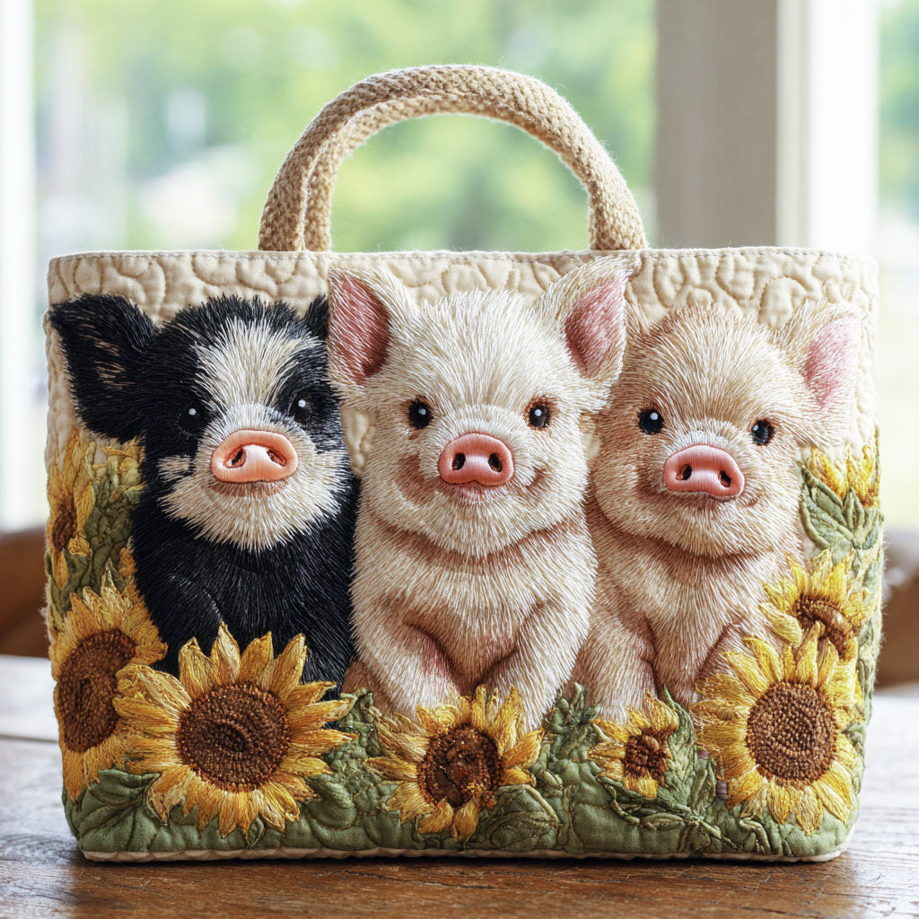 Sunflower Pig Quilted Tote Bag
