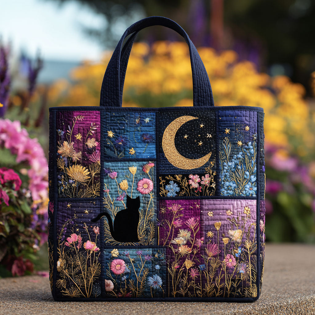 Floral Cat Night Quilted Tote Bag