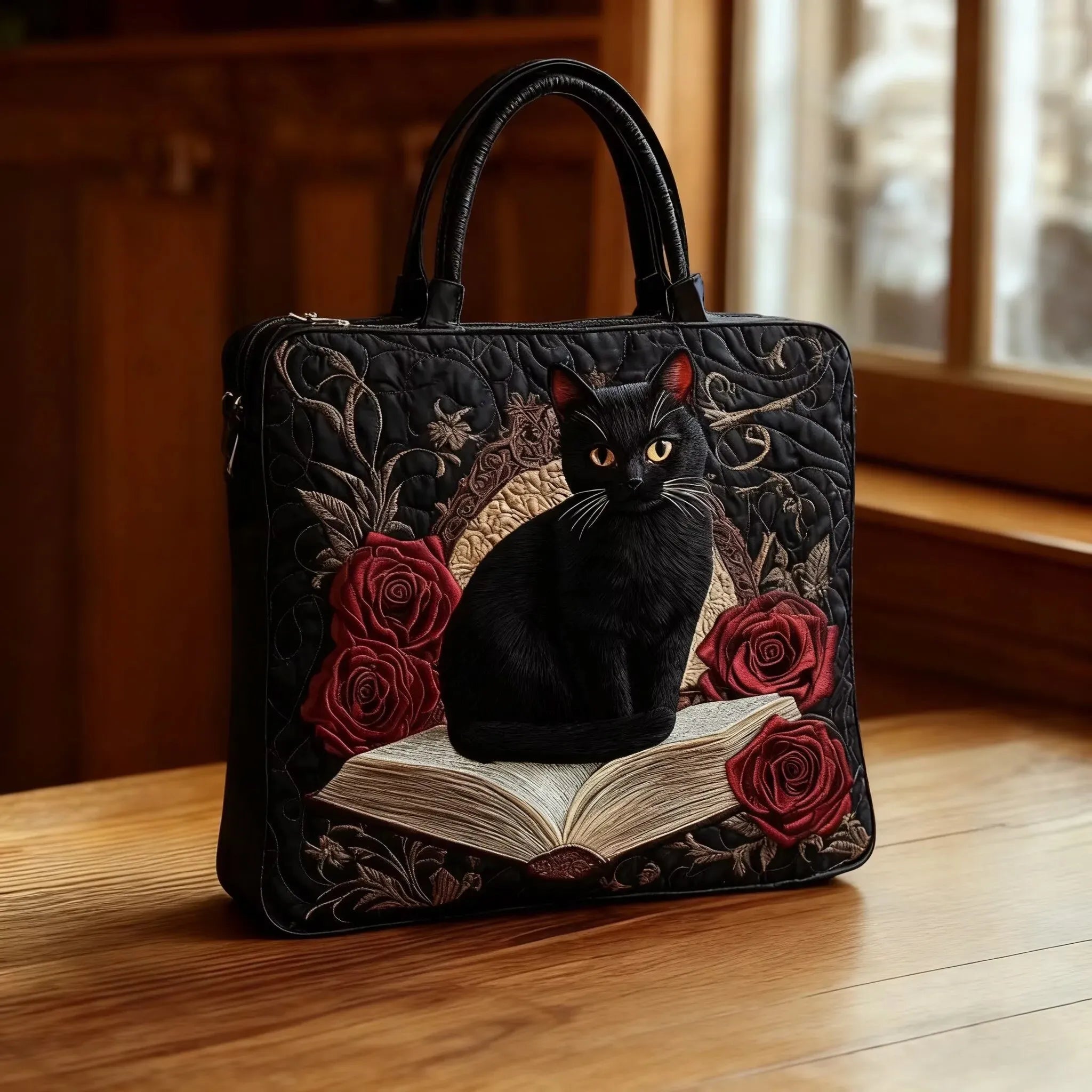 Quilted Artisan Bag - Black Cat on Books
