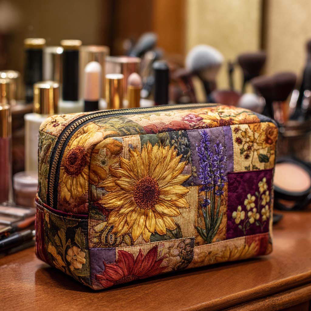 Rustic Sunflower Quilted Makeup Bag
