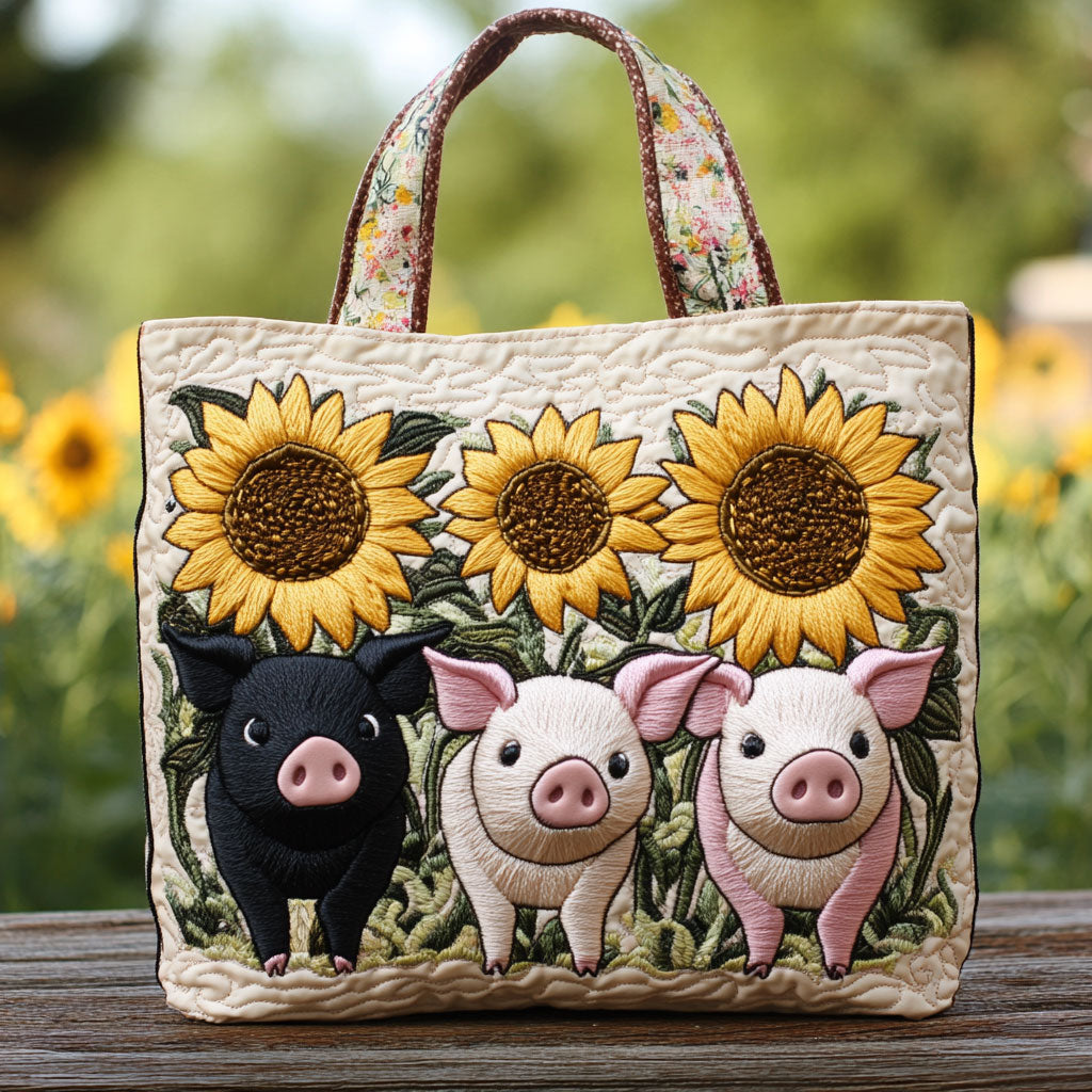 Pigs and Sunflower Quilted Tote Bag