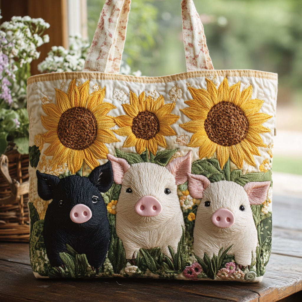 Sunflower and Pigs Quilted Tote Bag