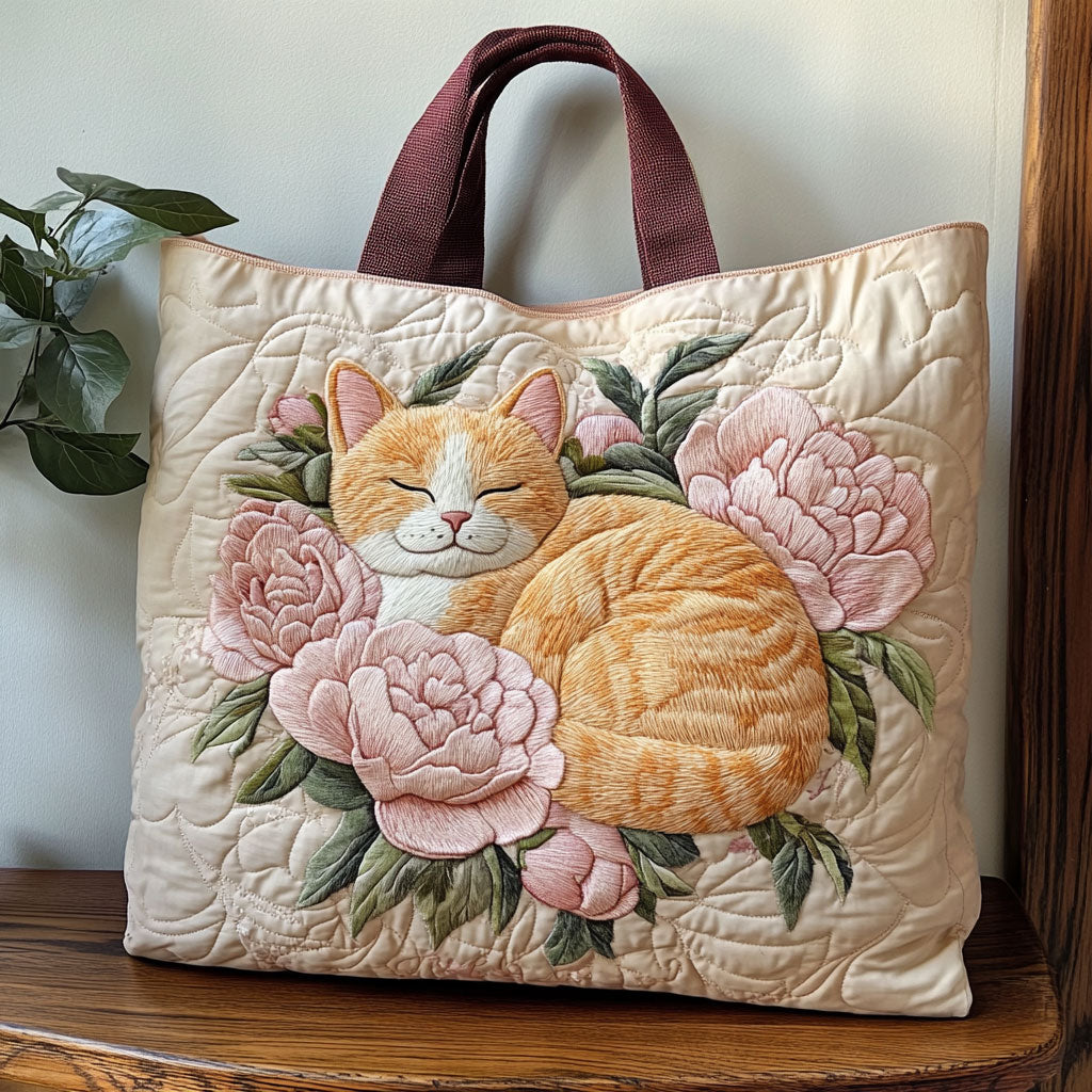 Peony Cat Quilted Tote Bag