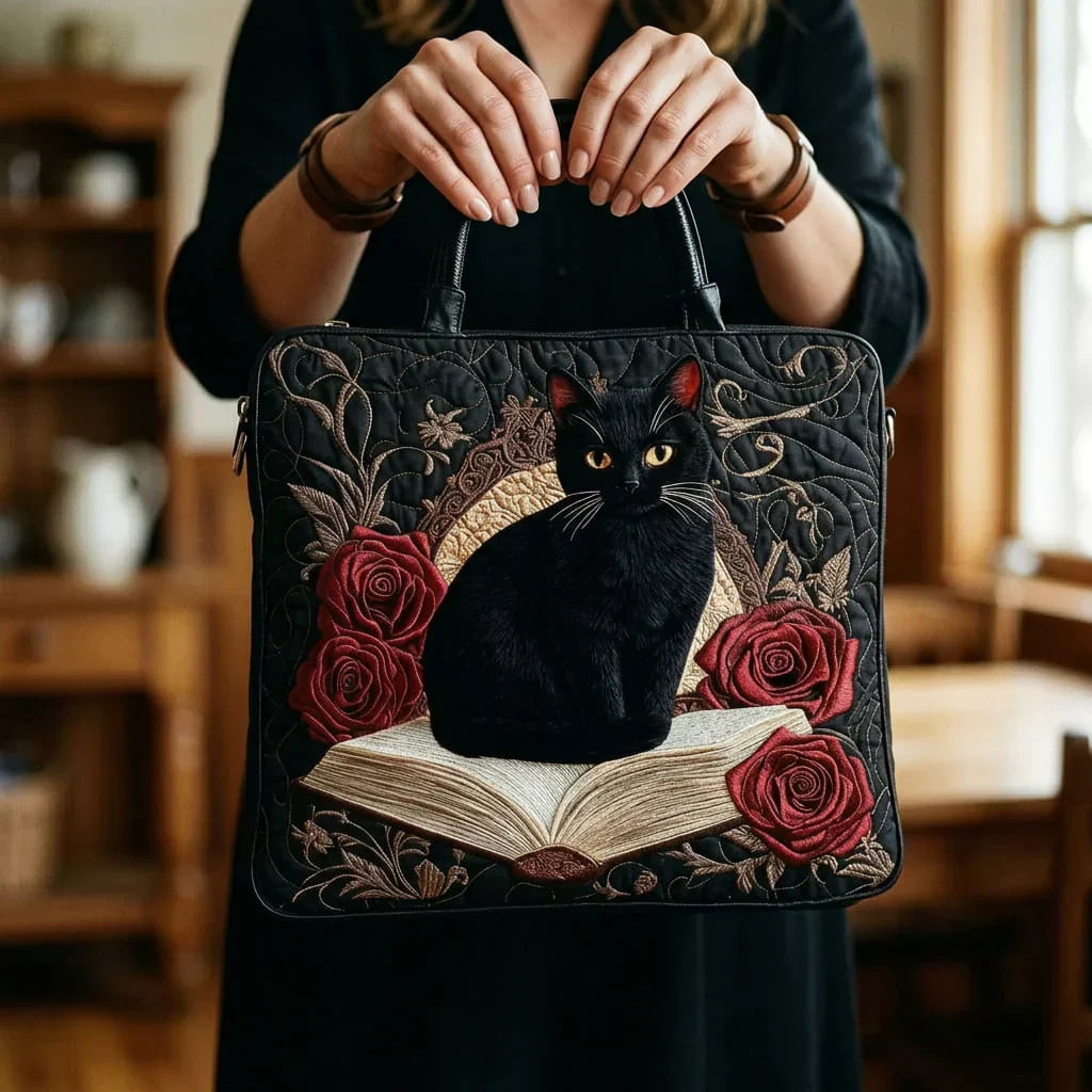 Quilted Artisan Bag - Black Cat on Books