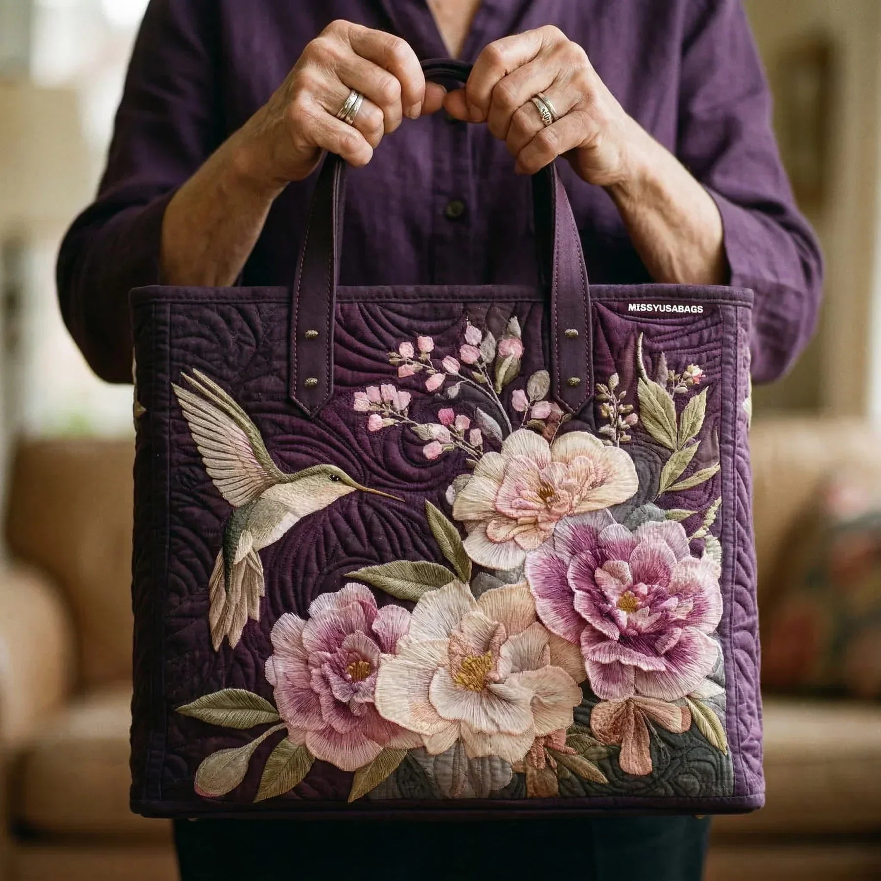 Artisanal Quilted Bag - Hummingbirds and Orchids