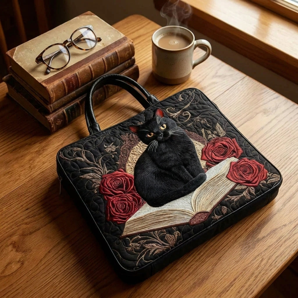 Quilted Artisan Bag - Black Cat on Books