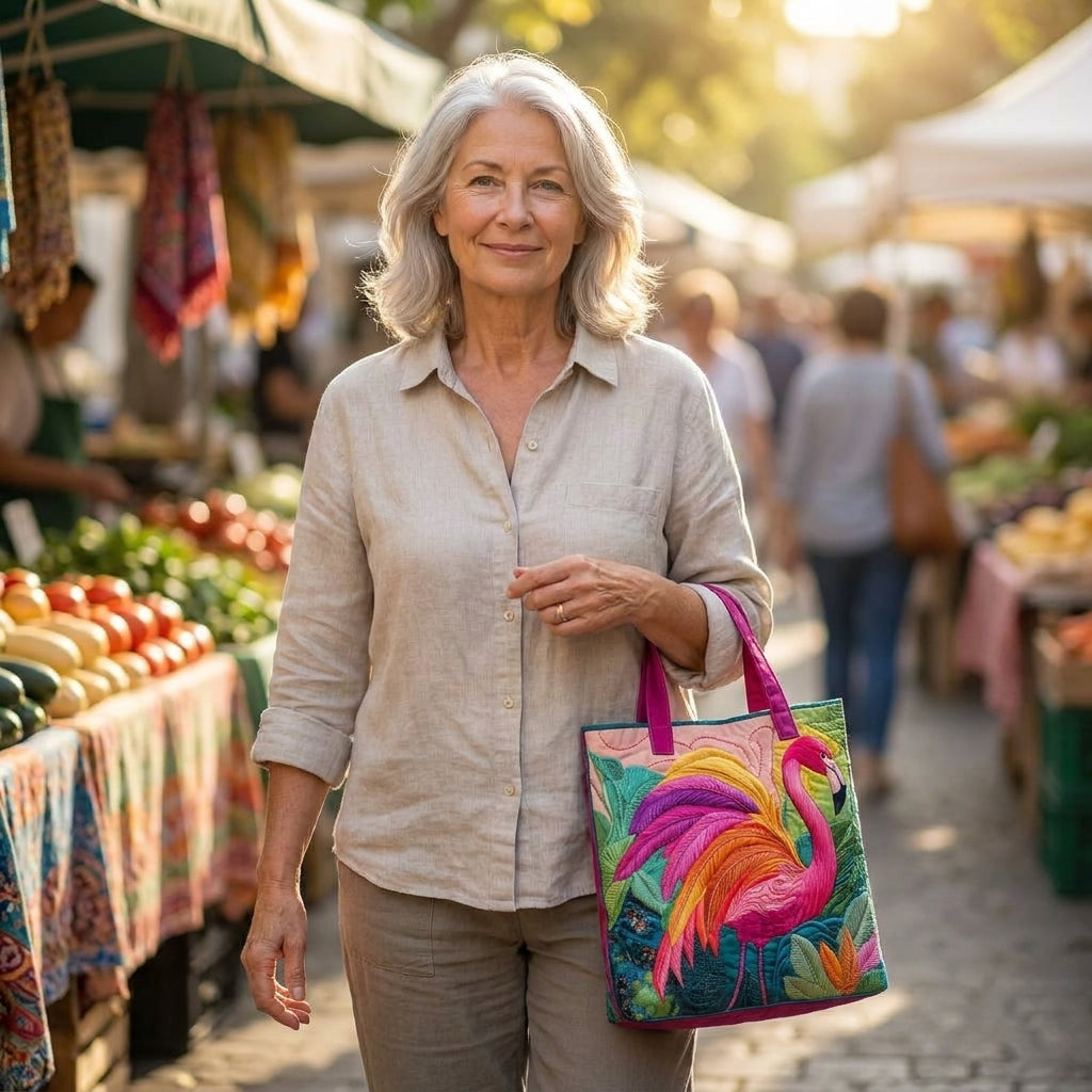 Quilted Tote Bag - Rainbow Flamingo