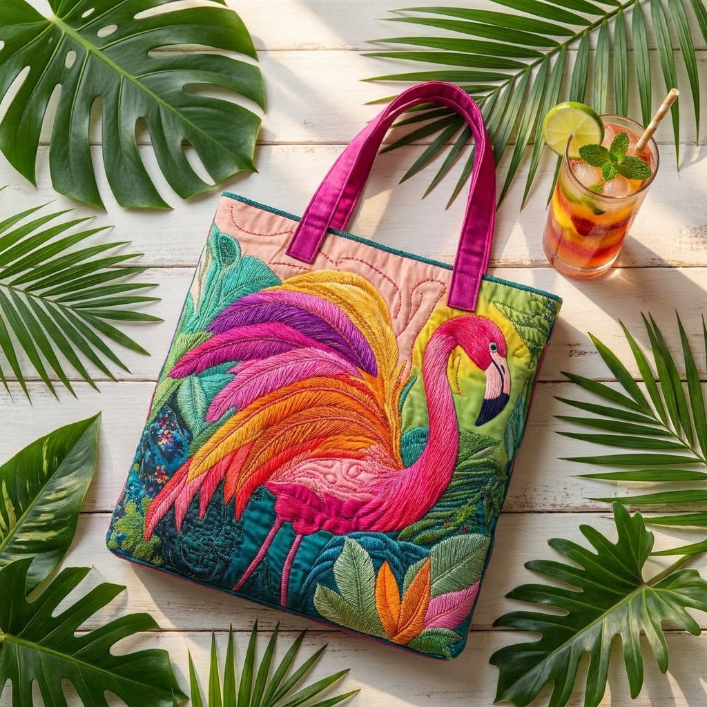 Quilted Tote Bag - Rainbow Flamingo