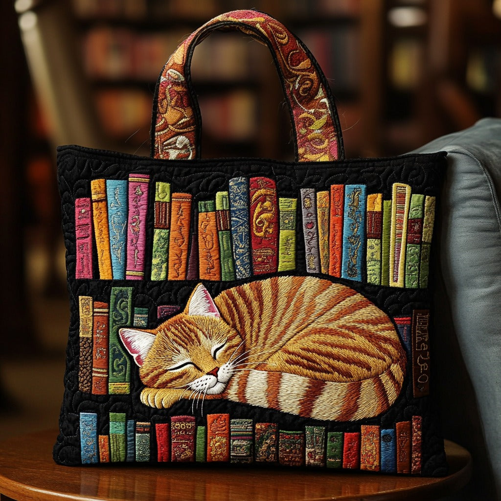Sleeping Cat And Books Quilted Tote Bag