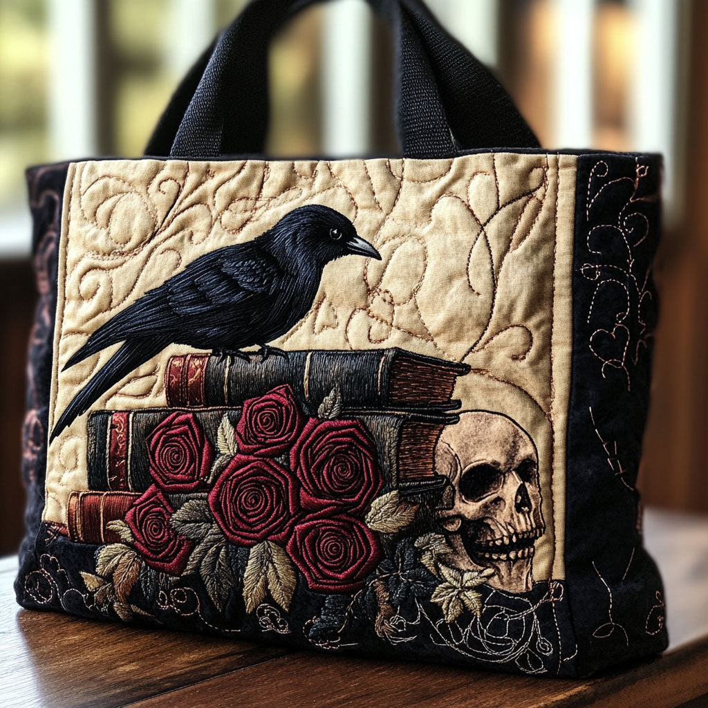 Mystic Raven Rose Quilted Tote Bag