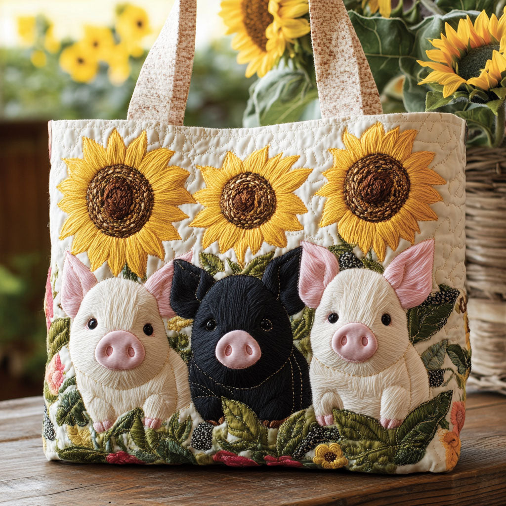 Pig Sunflower Quilted Tote Bag