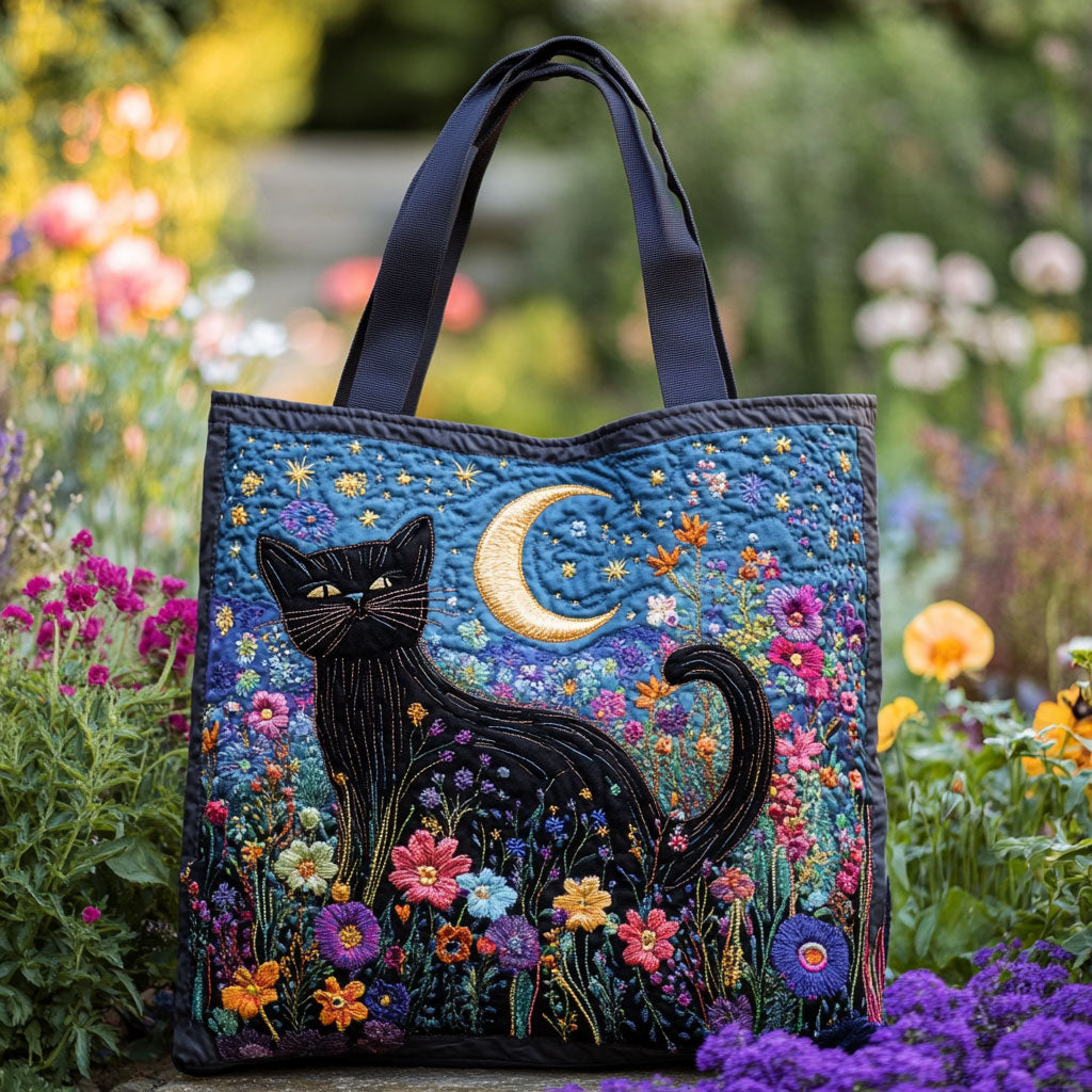 Moonlit Black Cat Quilted Tote Bag