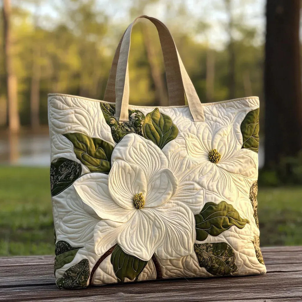 Artisanal Quilted Tote Bag - Elegant White Lilies