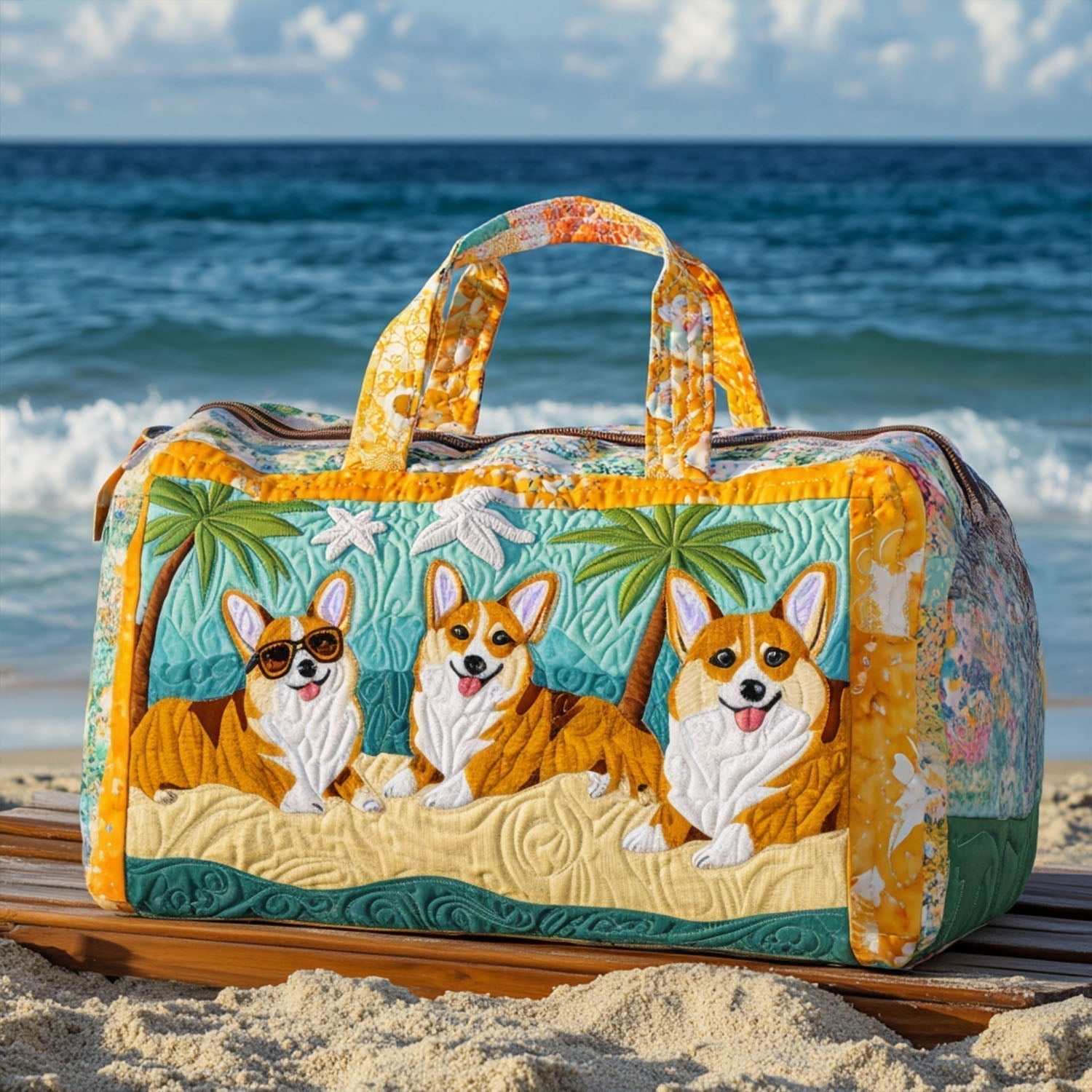 Corgi in the Beach Quilted Duffle Bag