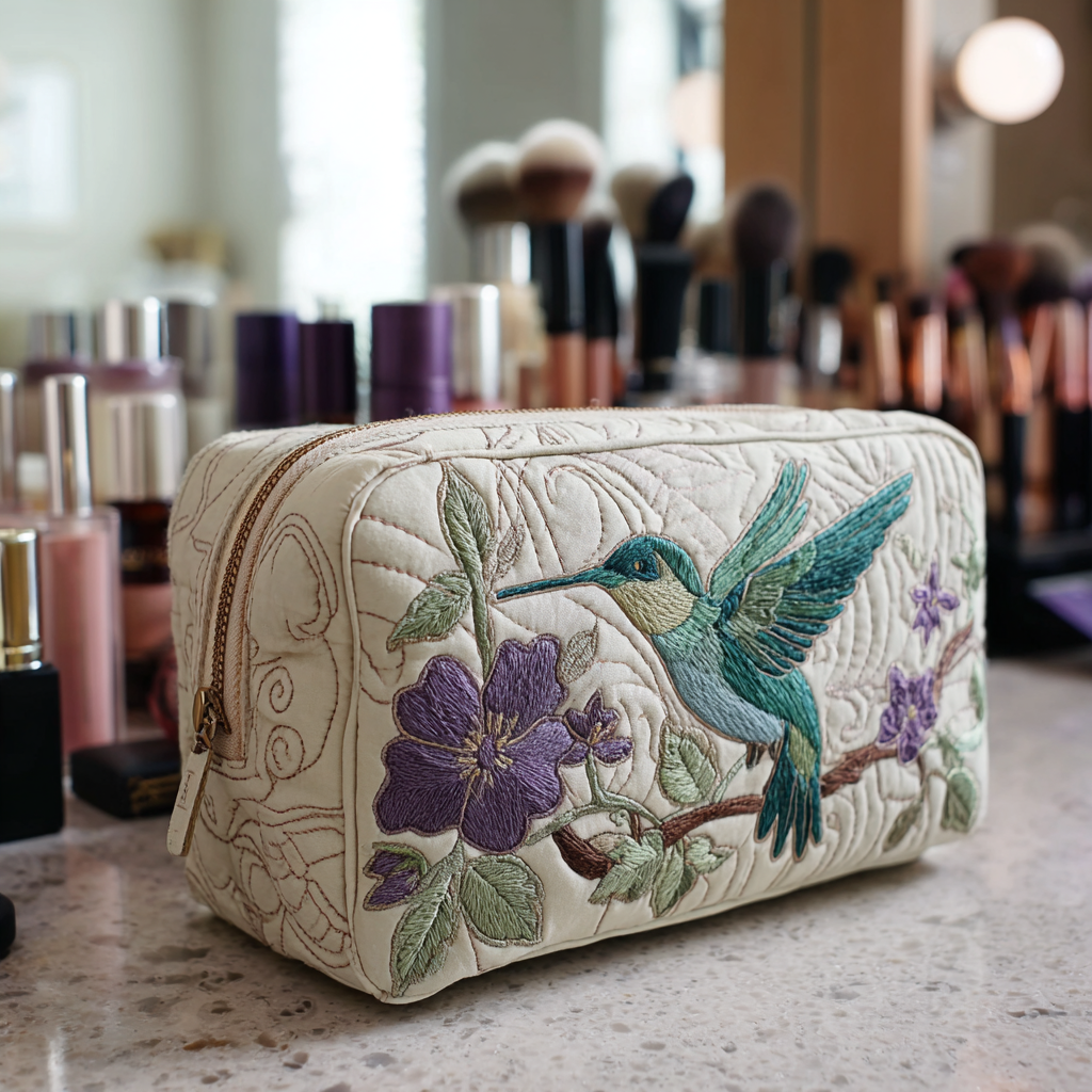 Hummingbird Bloom Quilted Makeup Bag