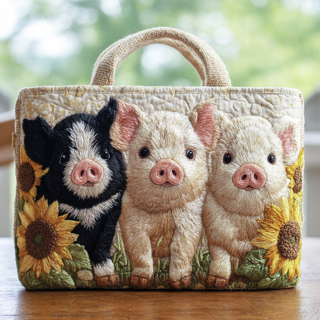 Sunflower Pig Charm Quilted Tote Bag