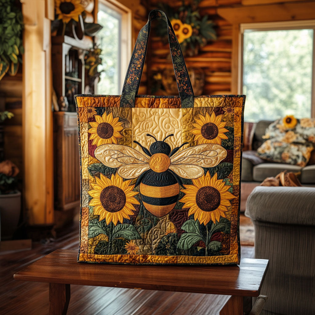 Vintage Sunflower Honeybee Quilted Tote Bag