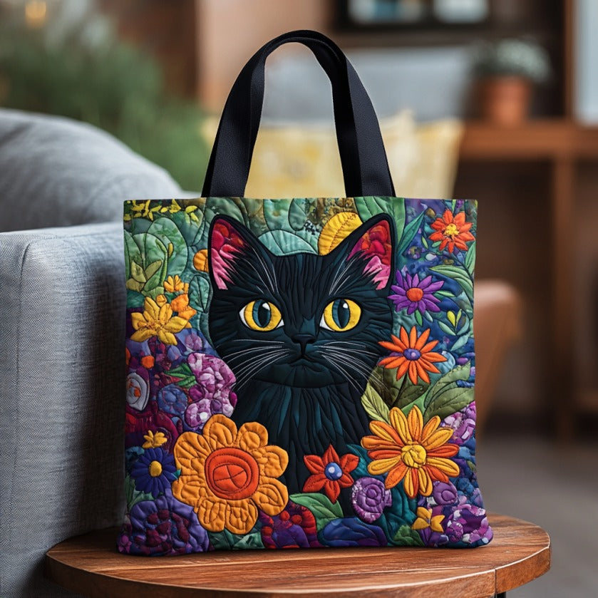 Floral Black Cat Quilted Tote Bag