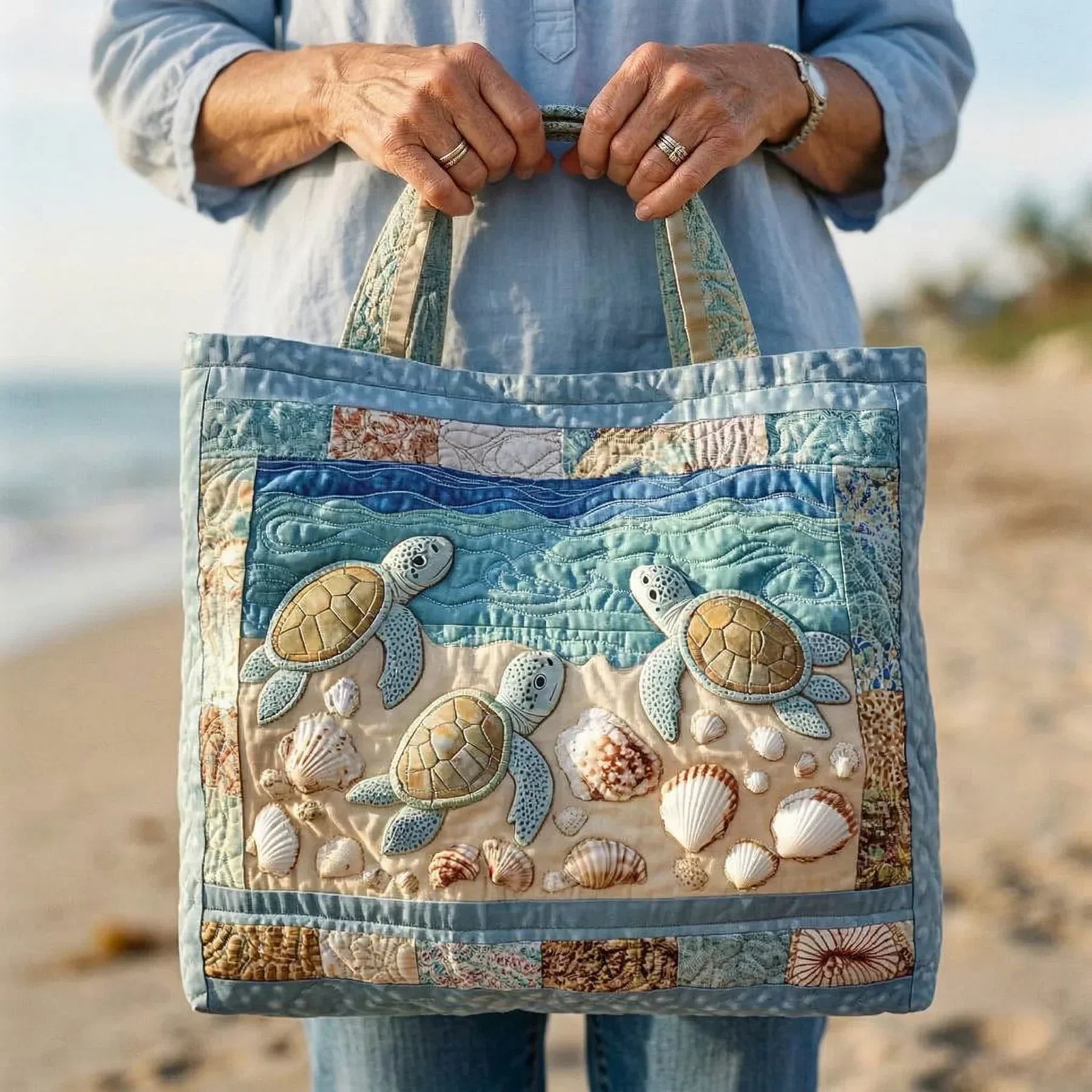 Artisanal Quilted Tote - Marine Turtles