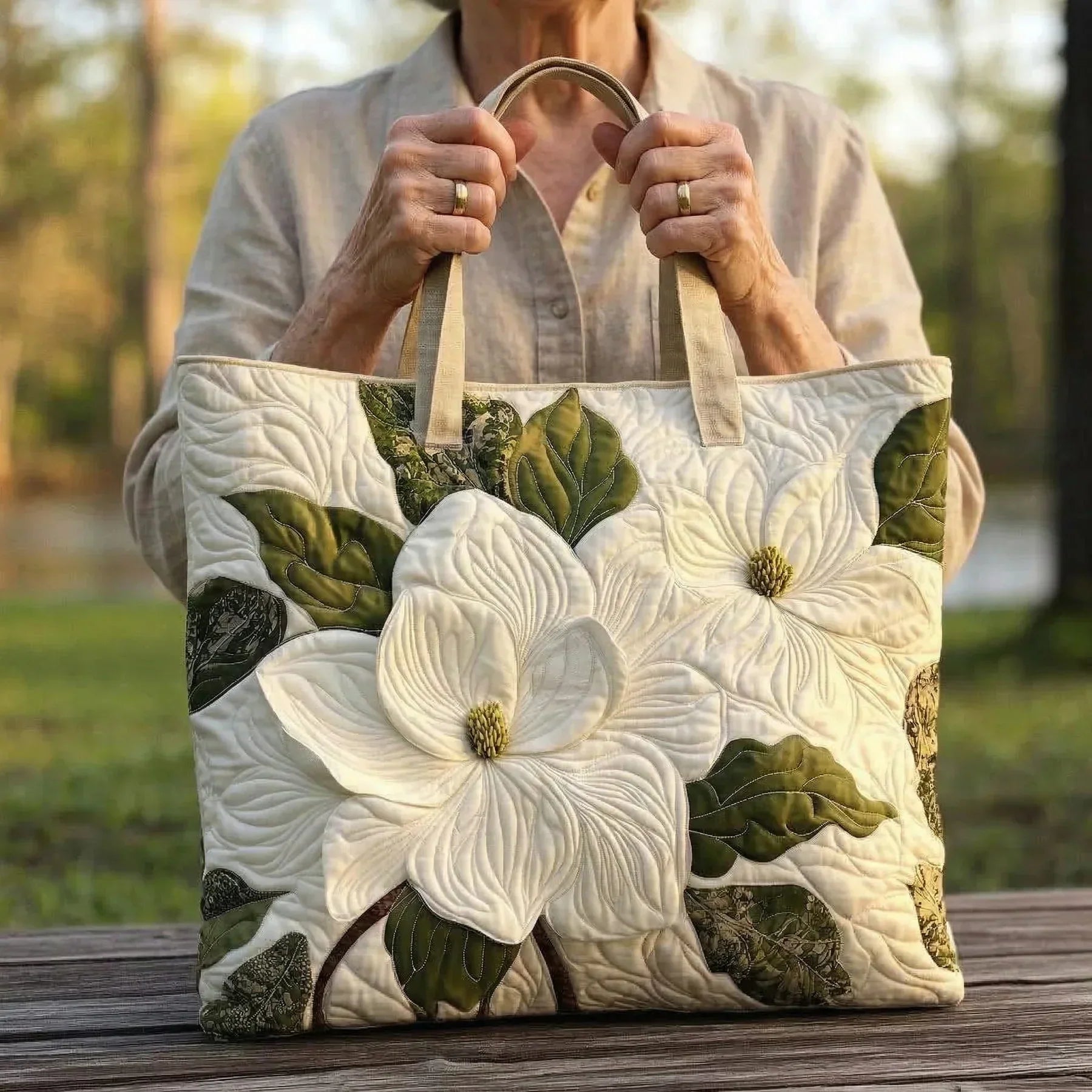 Artisanal Quilted Tote Bag - Elegant White Lilies